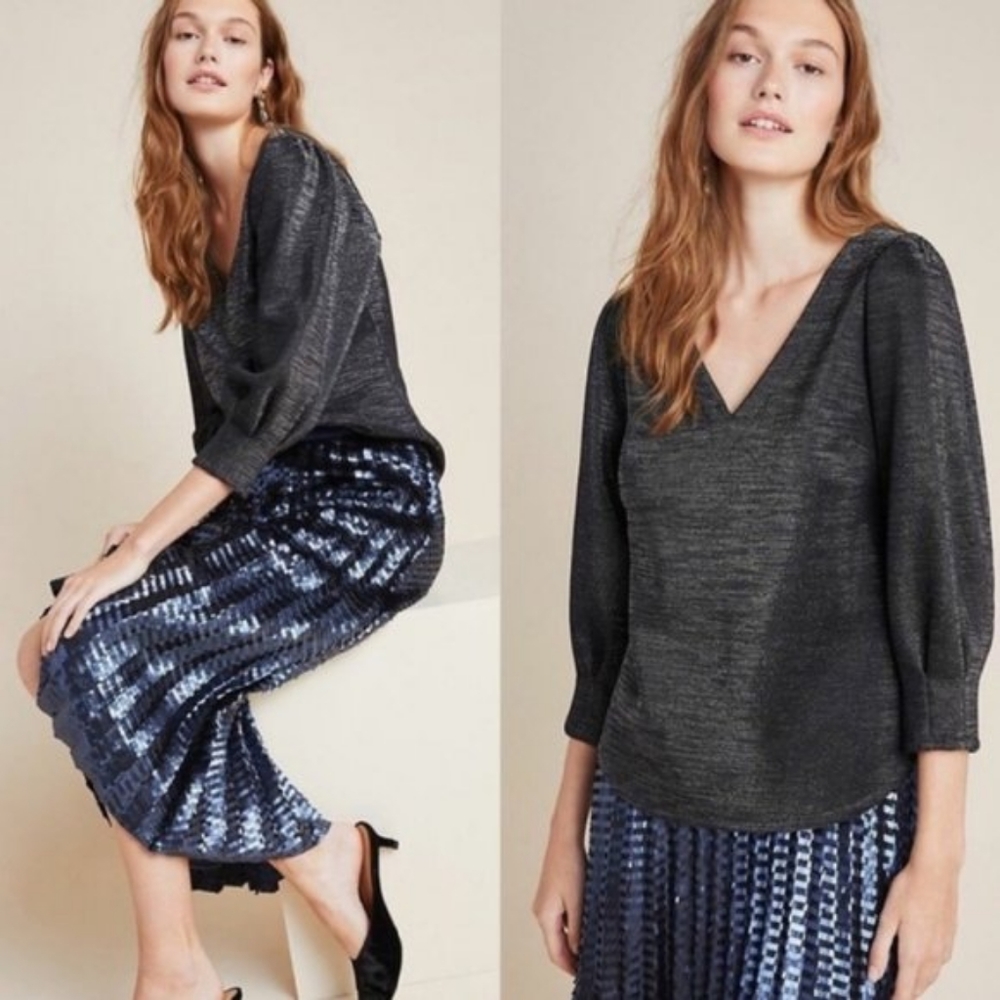 Anthropologie Black Noir Shimmer V Neck Blouse L